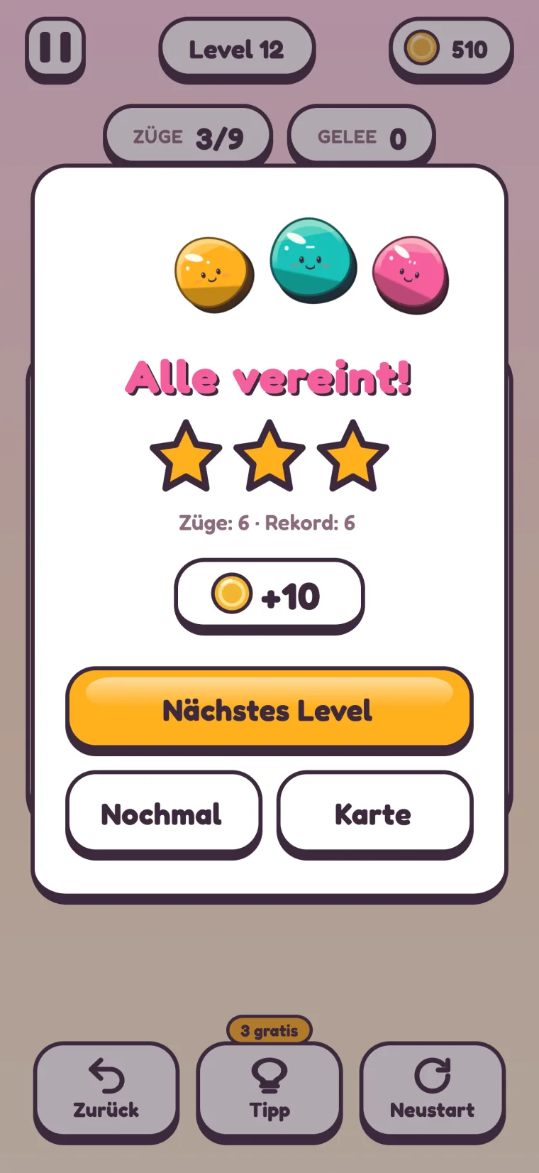 Die Abschlusskarte von Level 12: „Alle vereint!“, drei Sterne, „Züge: 6 · Rekord: 6“, +10 Münzen und die Schaltflächen „Nächstes Level“, „Nochmal“ und „Karte“.