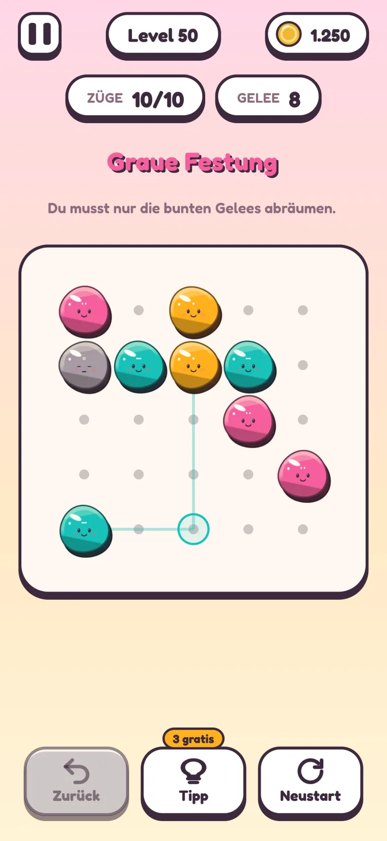 Level 50, „Graue Festung“ („Du musst nur die bunten Gelees abräumen.“): Links ein graues Gelee zwischen pinken, orangefarbenen und türkisfarbenen Gelees, weiter unten ein gewählter Ziehpunkt.