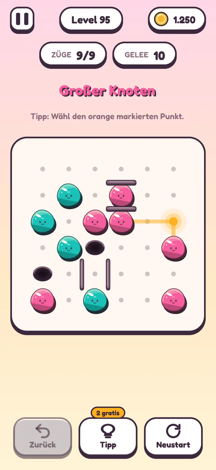 Level 95, „Großer Knoten“: ein 6×6-Spielfeld mit Zäunen und Löchern, der orangefarbene Punkt leuchtet neben den pinken Gelees, die er heranziehen wird, darüber die Zeile „Tipp: Wähl den orange markierten Punkt.“