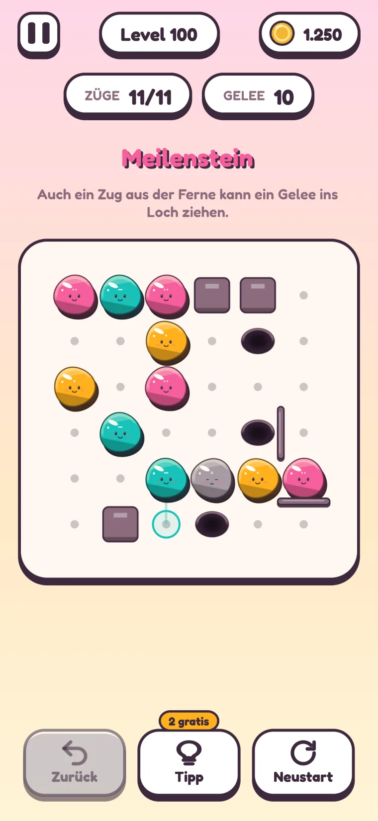 Level 100, „Meilenstein“ („Auch ein Zug aus der Ferne kann ein Gelee ins Loch ziehen.“): ein 6×6-Spielfeld mit Mauern, einem grauen Gelee, Zäunen und Löchern zugleich.