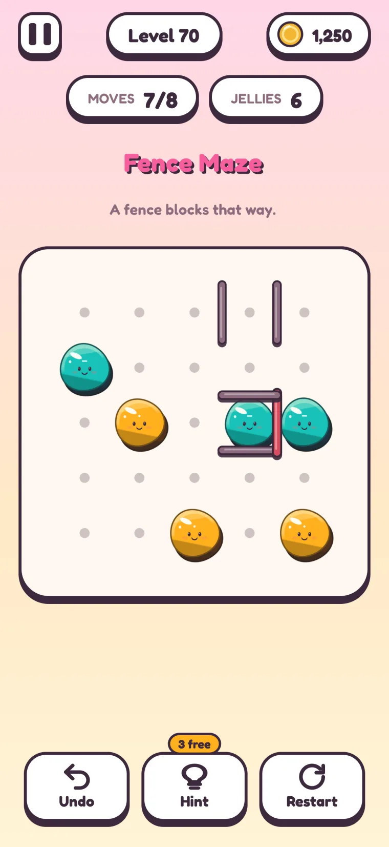 Level 70, Fence Maze: two teal jellies on either side of a fence that flashes red, one inside a square fenced on three sides and one kept out, under the line A fence blocks that way.