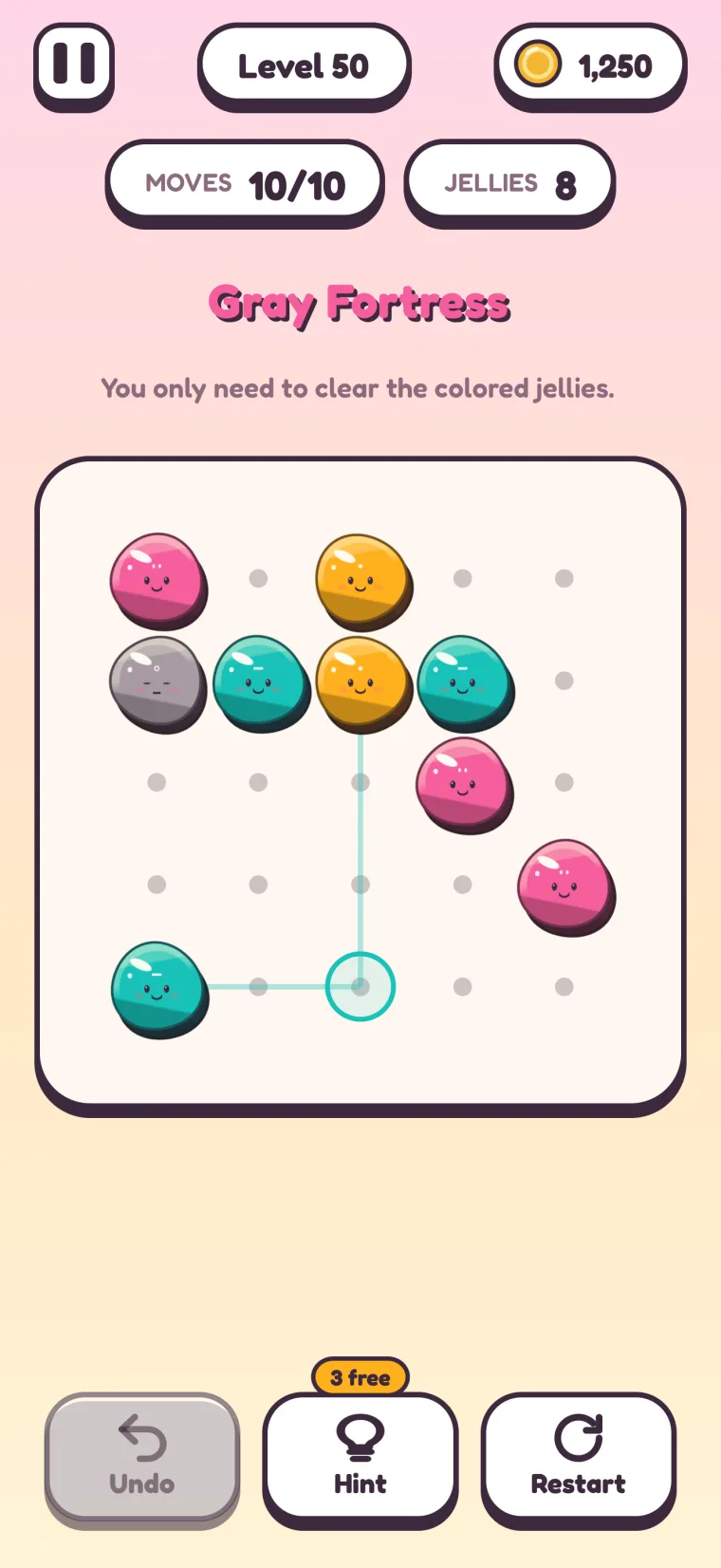 Level 50, Gray Fortress: a gray jelly on the left among pink, orange and teal jellies, with a pull point armed below them.