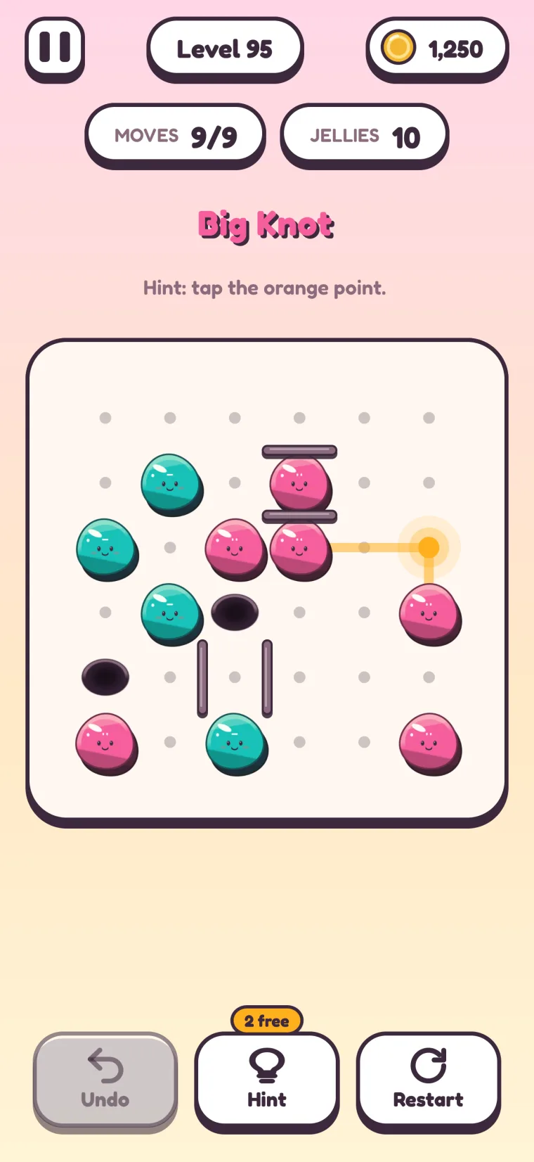 Level 95, Big Knot: a 6×6 board with fences and holes, the orange point glowing beside the pink jellies it will pull, and the line Hint: tap the orange point.