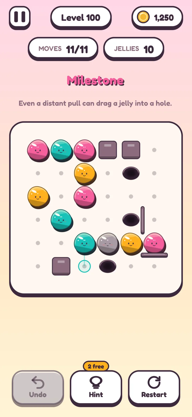 Level 100, Milestone: a 6×6 board with walls, a gray jelly, fences and holes all at once.