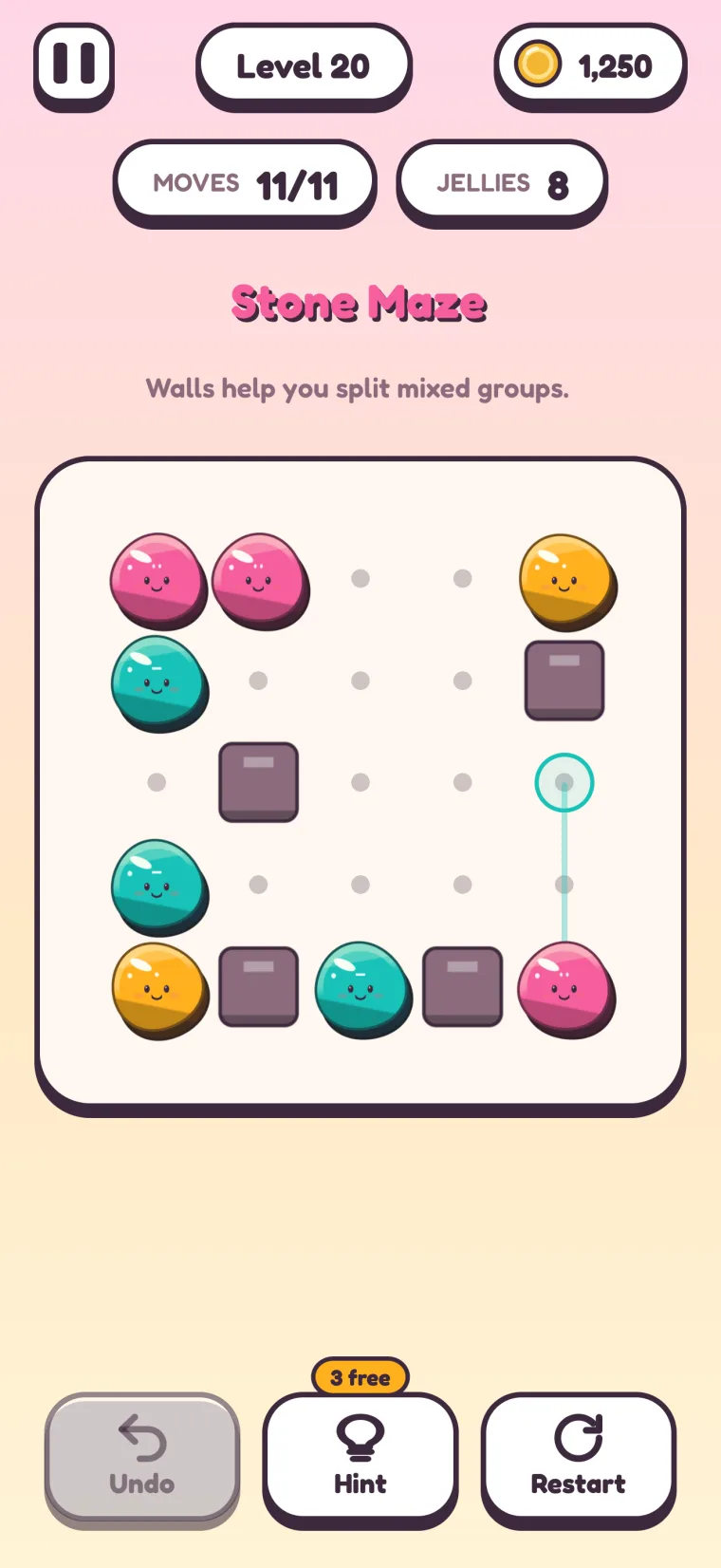 Level 20, Stone Maze: four square purple walls stand between the jellies on a 5×5 board, with a pull point armed on the right.