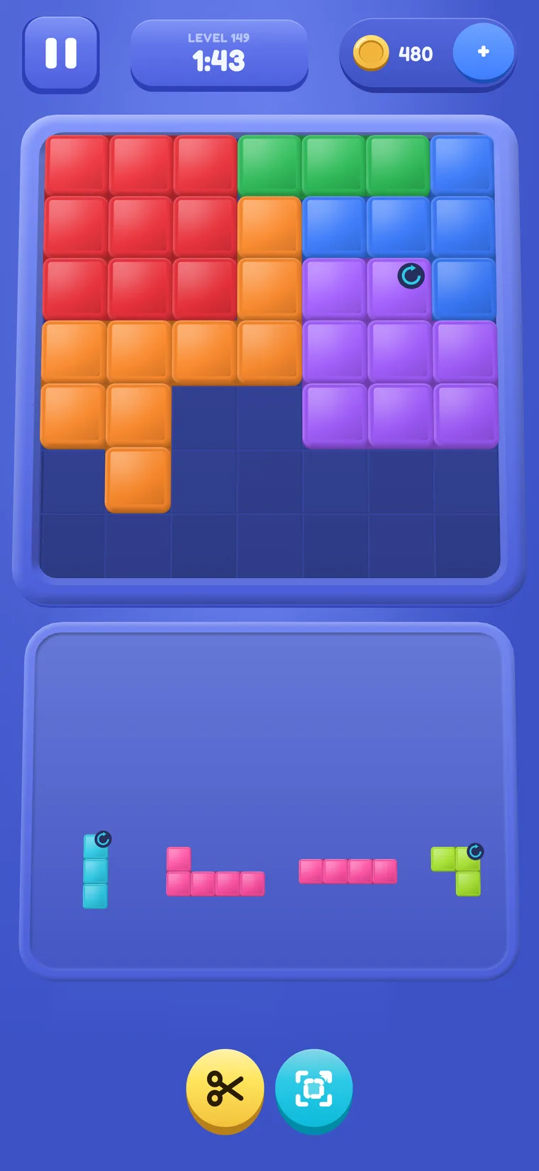 A 7×7 board filling up with red, green, blue, orange and purple pieces, four pieces waiting in the tray, and the scissors and hint buttons below.