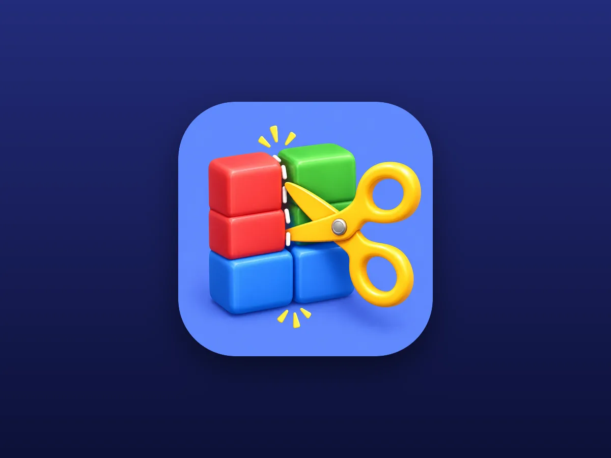 SnipGrid app icon: red, green and blue blocks cut by yellow scissors