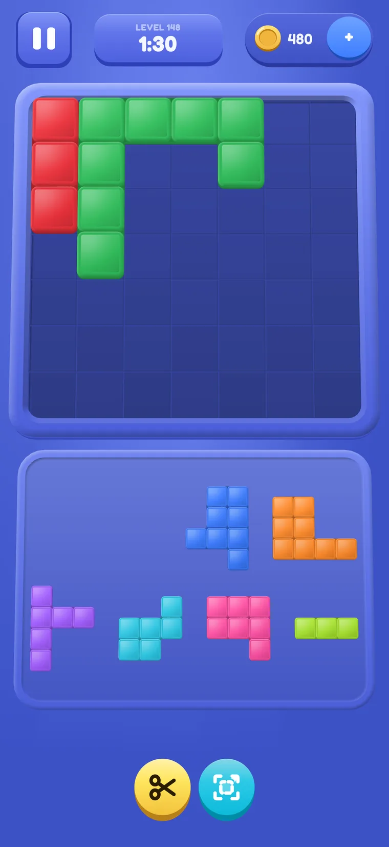 A 7×7 board with the first two pieces placed and six more waiting in the tray.