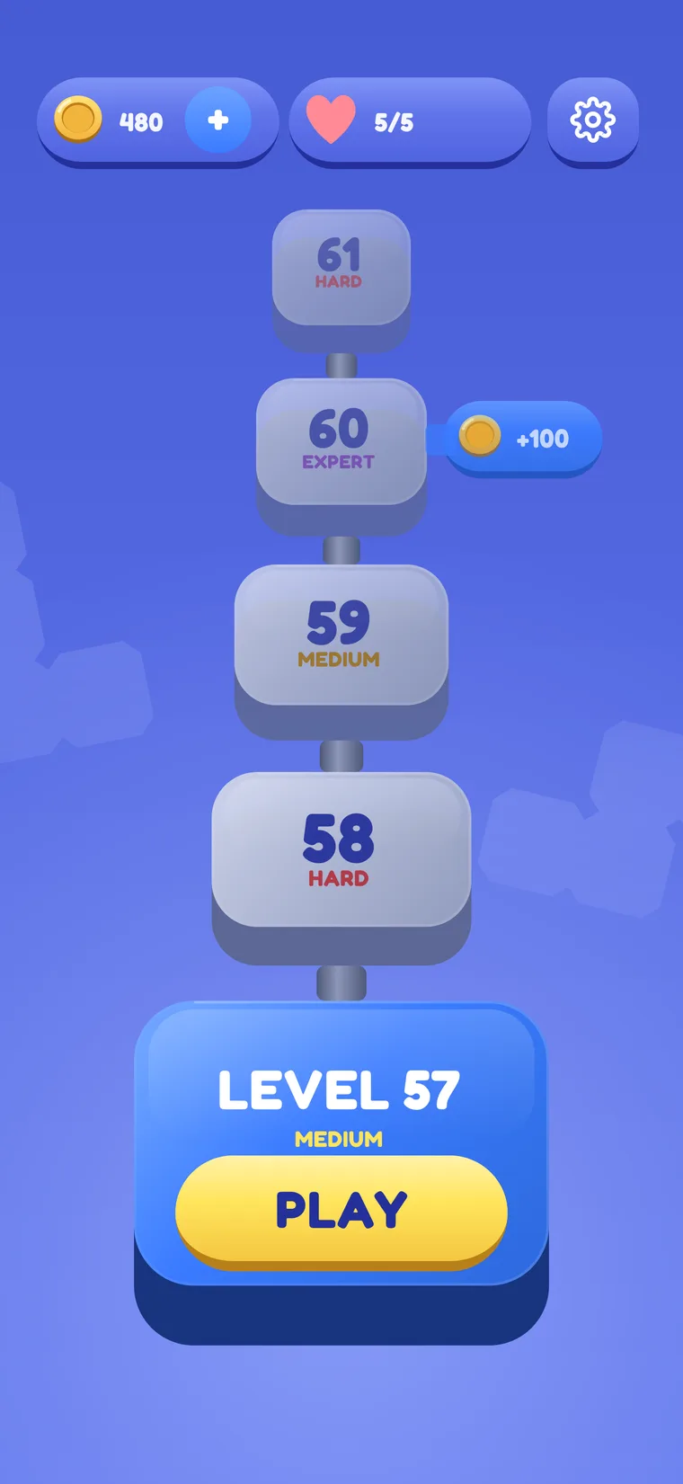 The tower map: floors 58 to 61 stacked above the current floor, Level 57, with a yellow Play button.