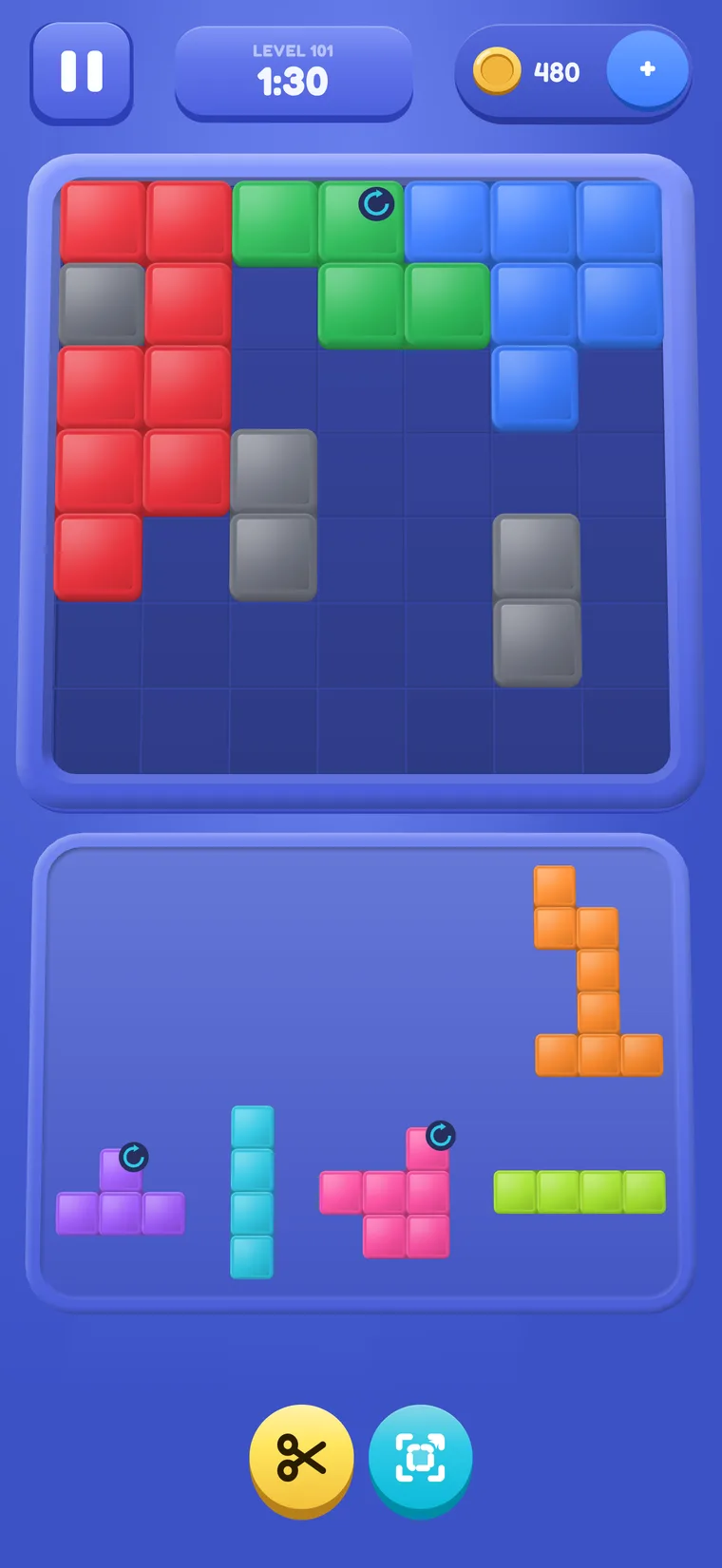 A 7×7 board with grey blocks, and purple and pink tray pieces that carry a small circular-arrow turn marker.